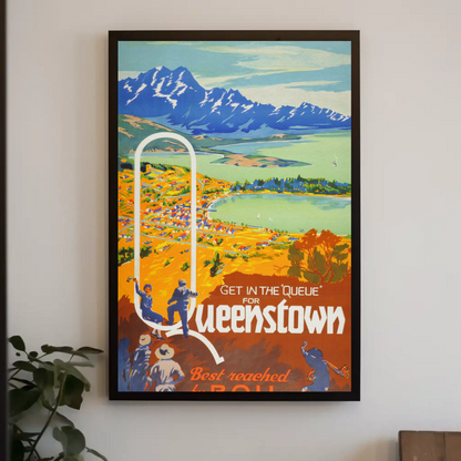 Queenstown Best Reached by Rail Vintage Poster