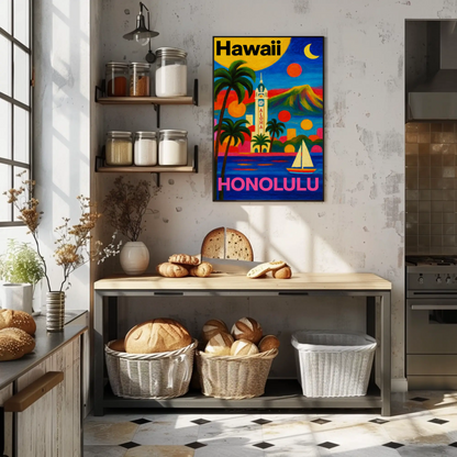 Honolulu Hawaii Tower View With Sunset Colors Travel Poster