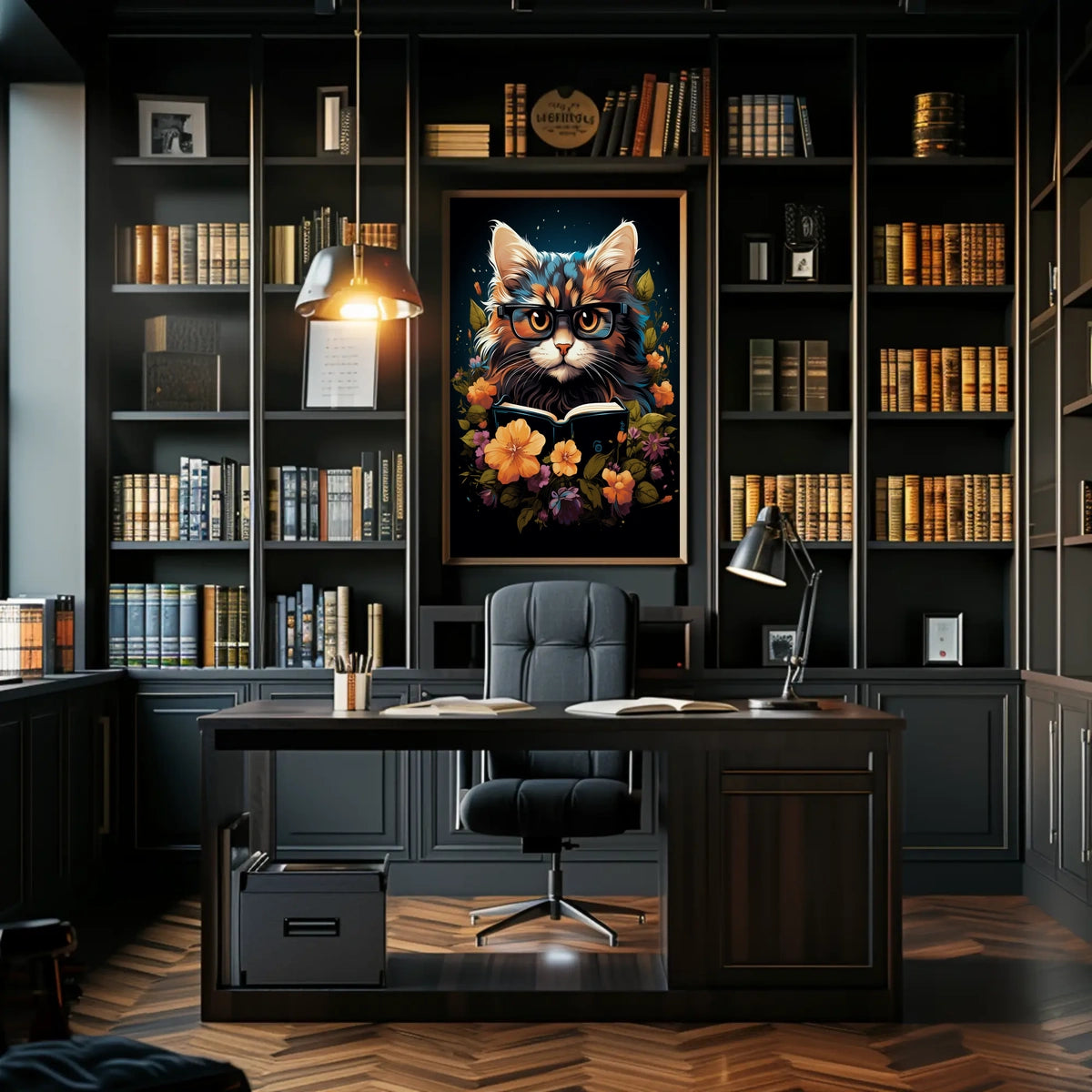 Whimsical Cat Glasses Poster with Vibrant Flowers