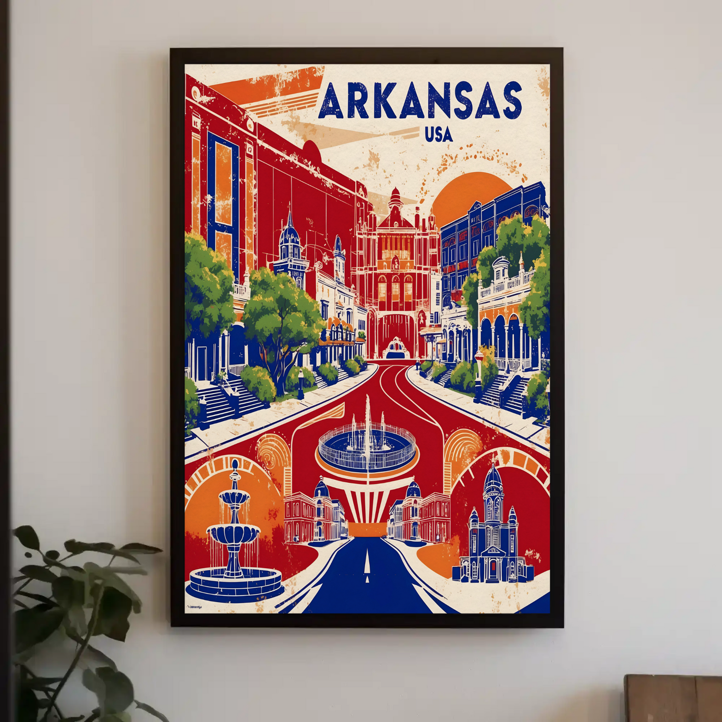 Arkansas Grand Street Circle Vintage Maroon Travel Poster USA