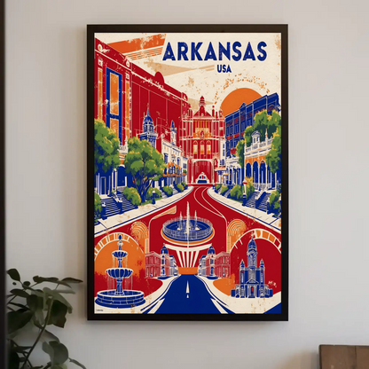 Arkansas Grand Street Circle Vintage Maroon Travel Poster USA