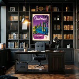 Cincinnati The Queen City Vintage Illustration Bridge Poster