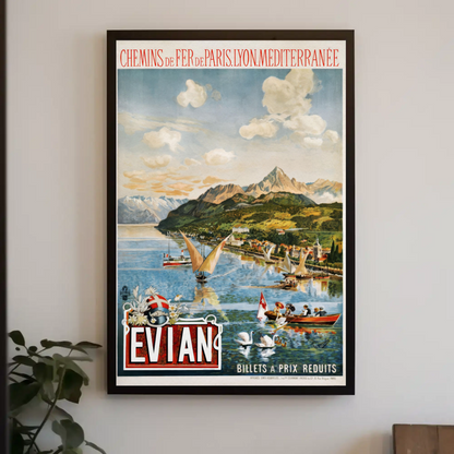 Evian Lake Boats Alps France Vintage Travel Poster