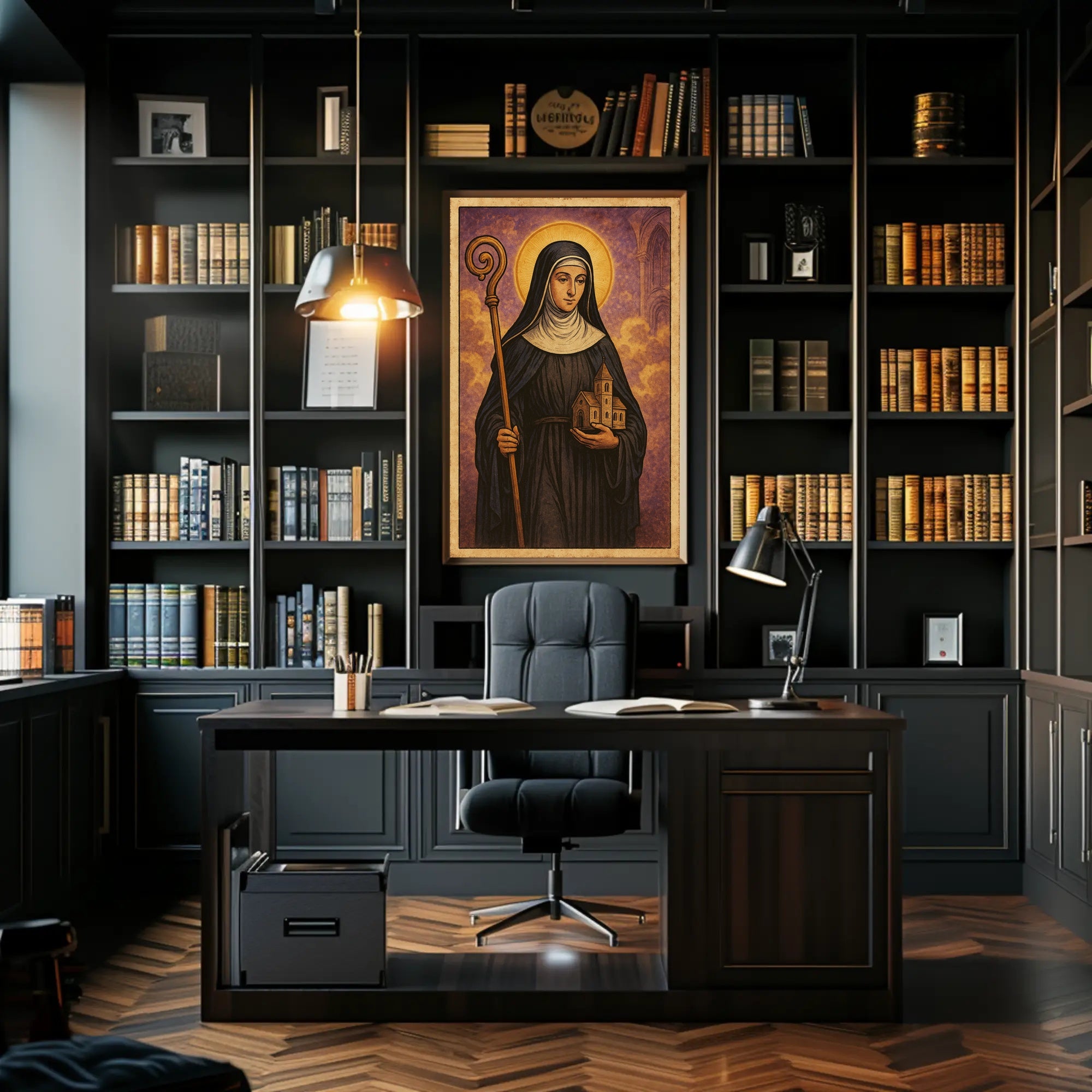Saintly Figure with Church Poster PosterGoat