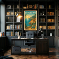 Amalfi Coast Vintage Travel Poster, Sunset Scene