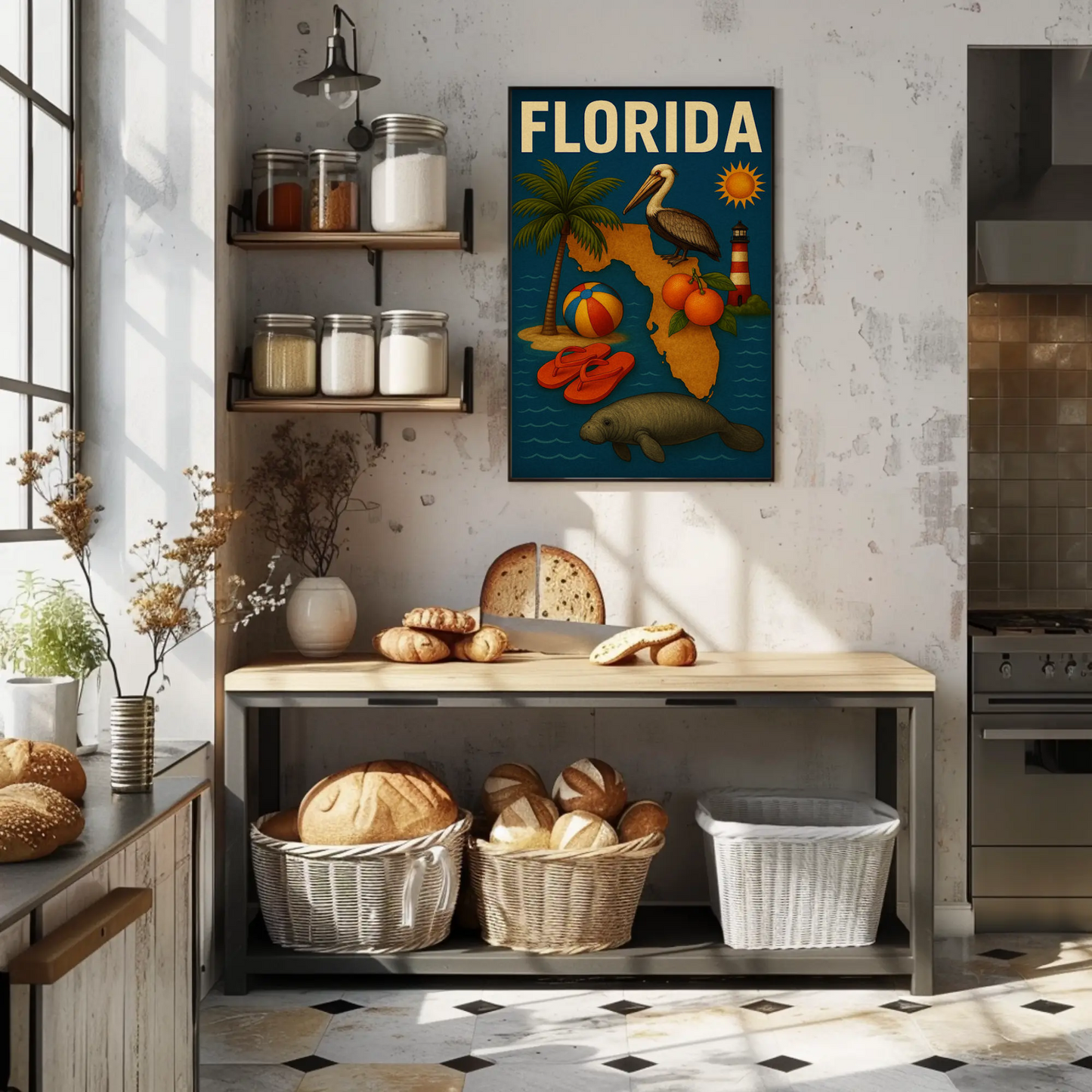 Florida State Symbols Pelican Map Lighthouse Travel Poster