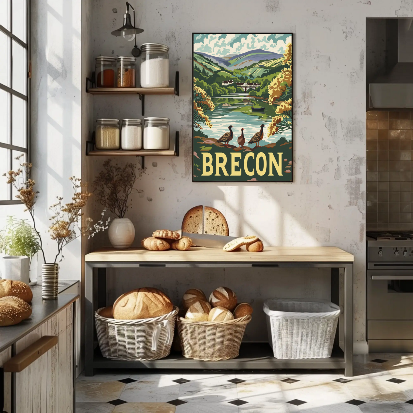Brecon River Ducks Village Hillside Travel Poster
