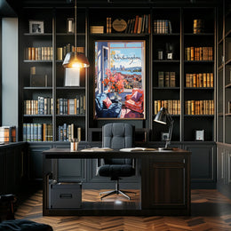 Inviting Urban View: Cozy Interior Cityscape Poster