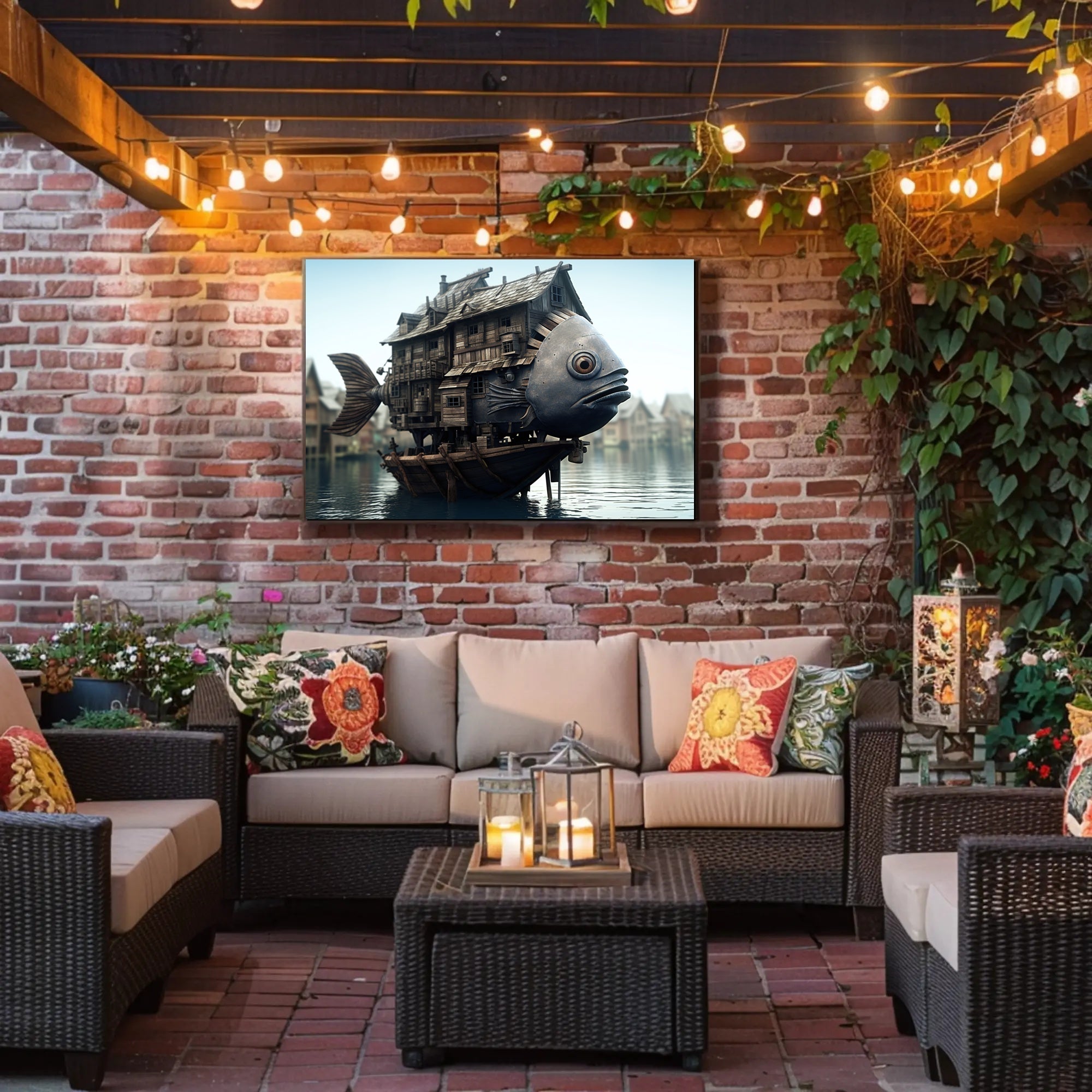 Whimsical Houseboat Scene on Fantasy Poster