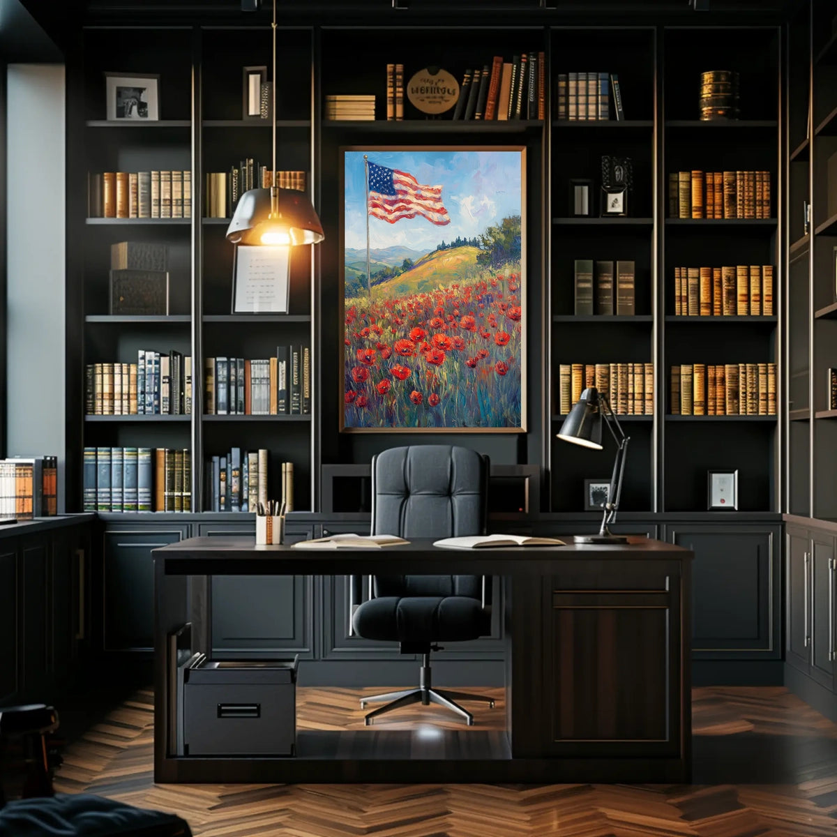 peaceful field of poppies with one large American flag Poster