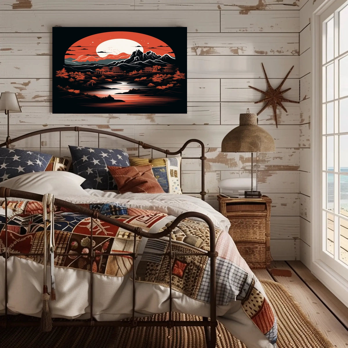 Tranquil Landscape Under A Crimson Moon Poster