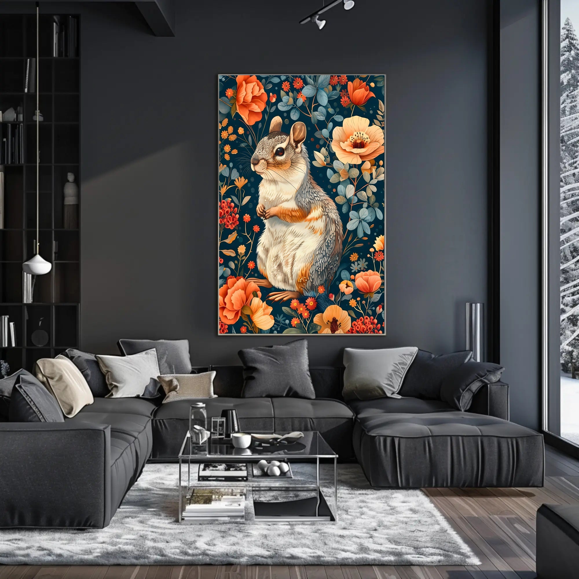 Whimsical Squirrel and Flowers Vibrant Animal Poster