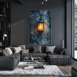 Rustic Lantern in Serene Nighttime Landscape Poster
