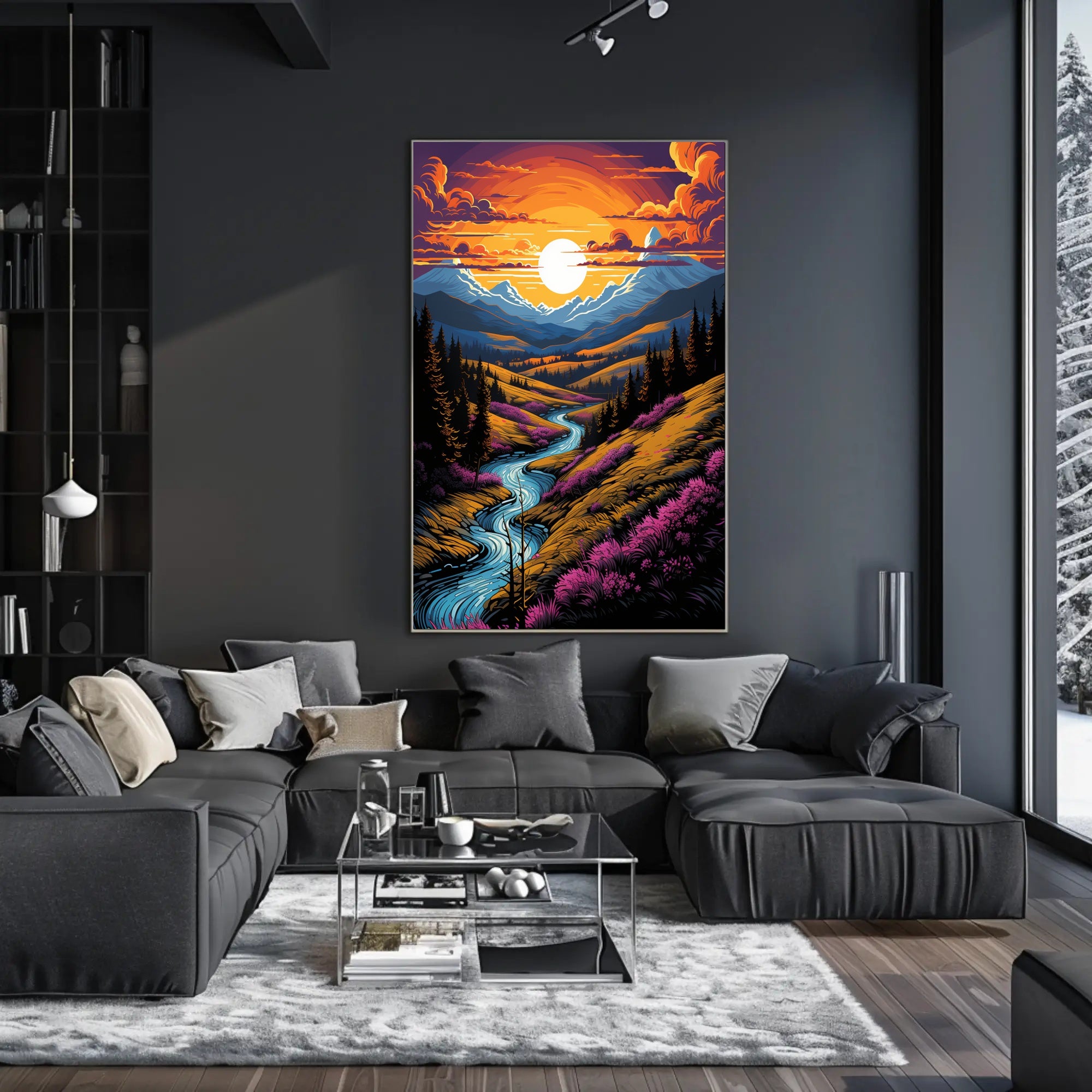 Sunset Over Mountain Stream Poster
