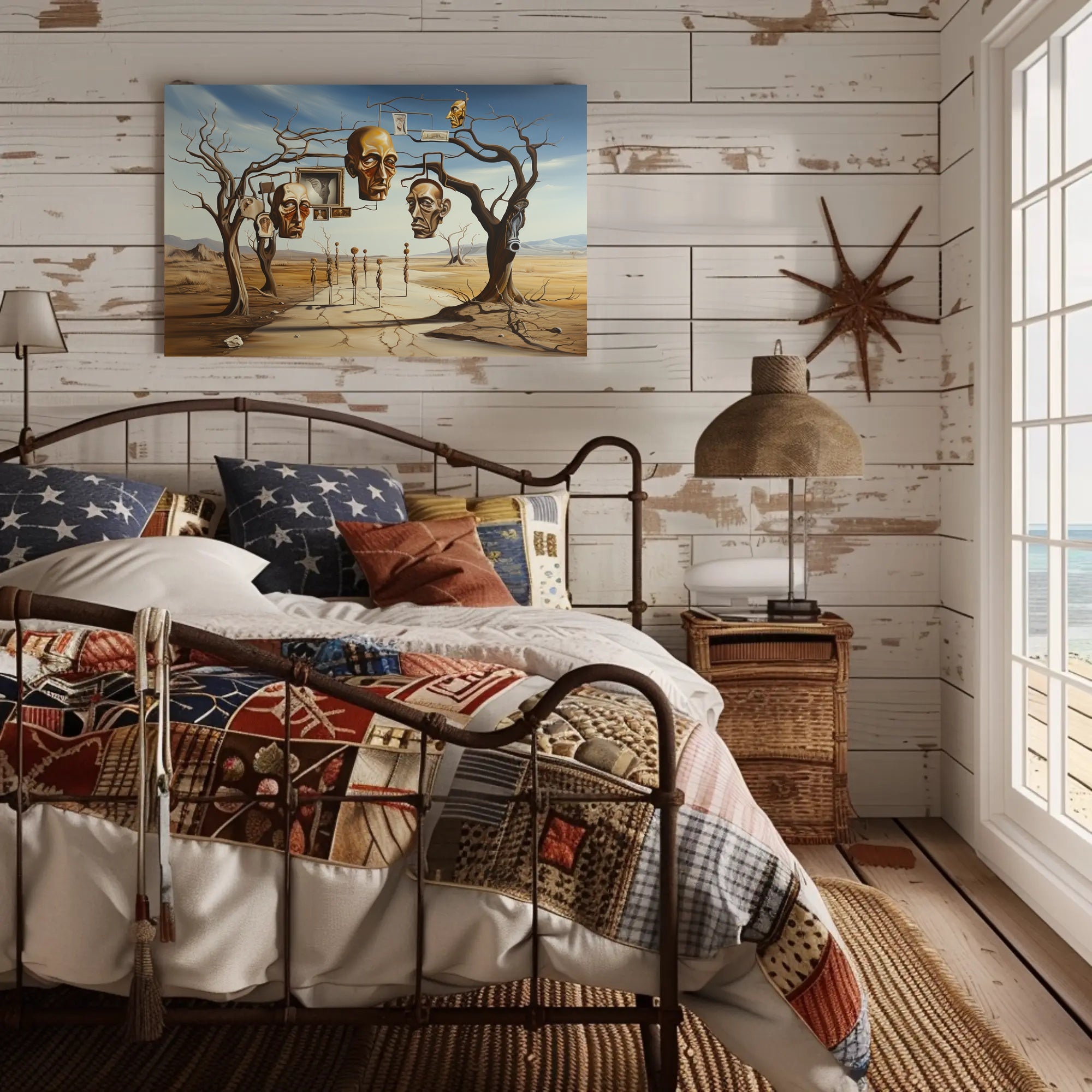 Surreal Desertscape with Floating Bronze Heads Artistic Poster