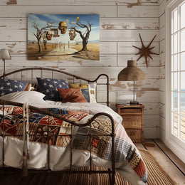Surreal Desertscape with Floating Bronze Heads Artistic Poster