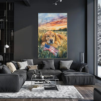 Golden Retriever Resting In Grassy Sunset Field Poster