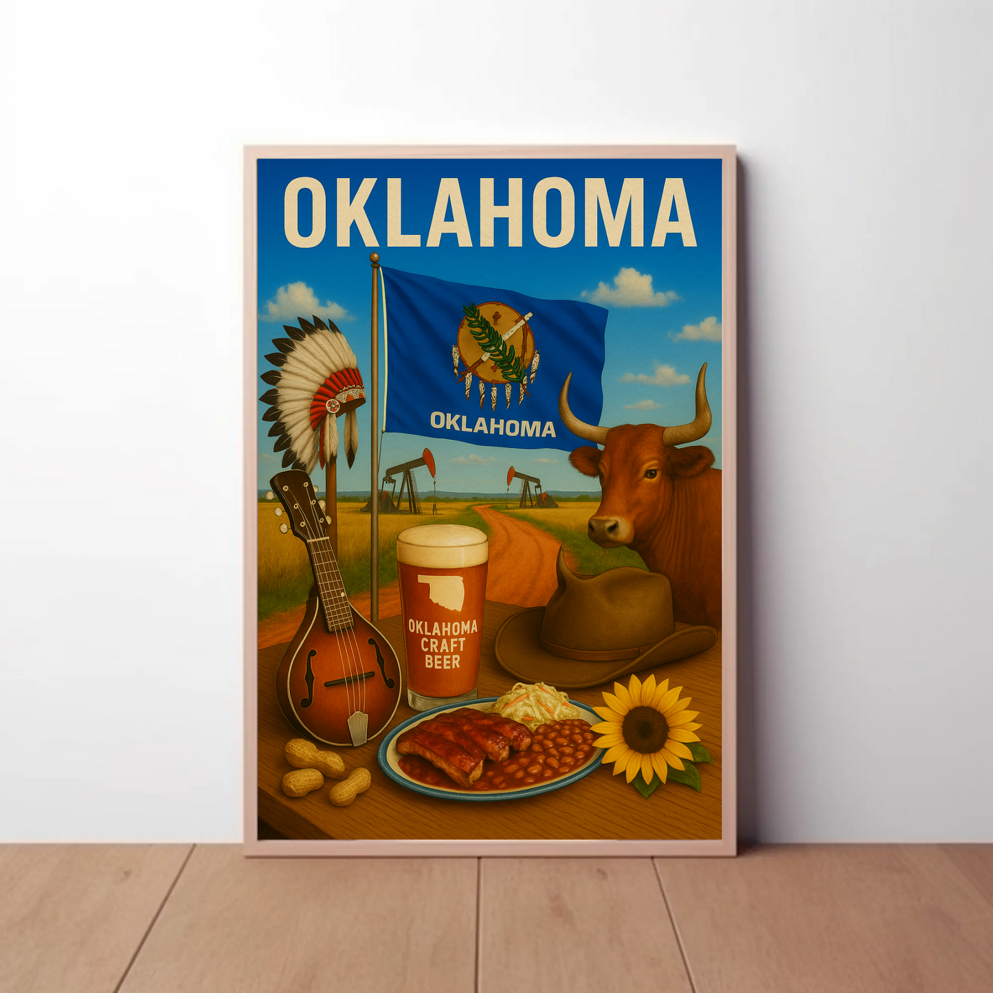 Oklahoma BBQ Cow Mandolin Flag Beer Travel Poster
