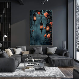 The poster displays a gothic and romantic theme. Three ornately designed lanterns emit Travel Poster