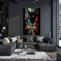 Surreal Cityscape Poster with Floating Black Cat