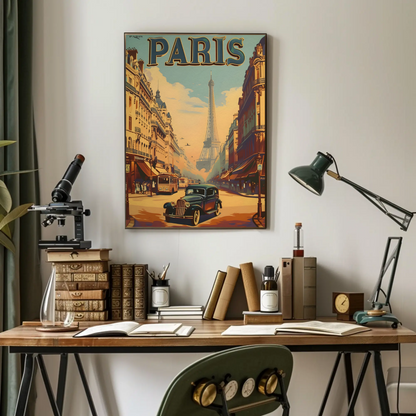 Classic Parisian Avenue Eiffel Backdrop Vintage Travel Poster