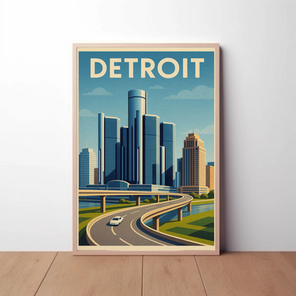 Detroit Highway View Modern Skyline Travel Poster