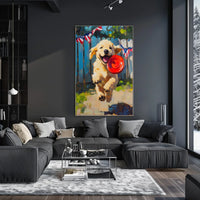 Golden Retriever Puppy Running With Red Frisbee Poster