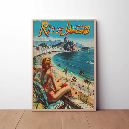 Rio Janeiro Beach View Retro Woman Vacation Travel Poster Travel Poster