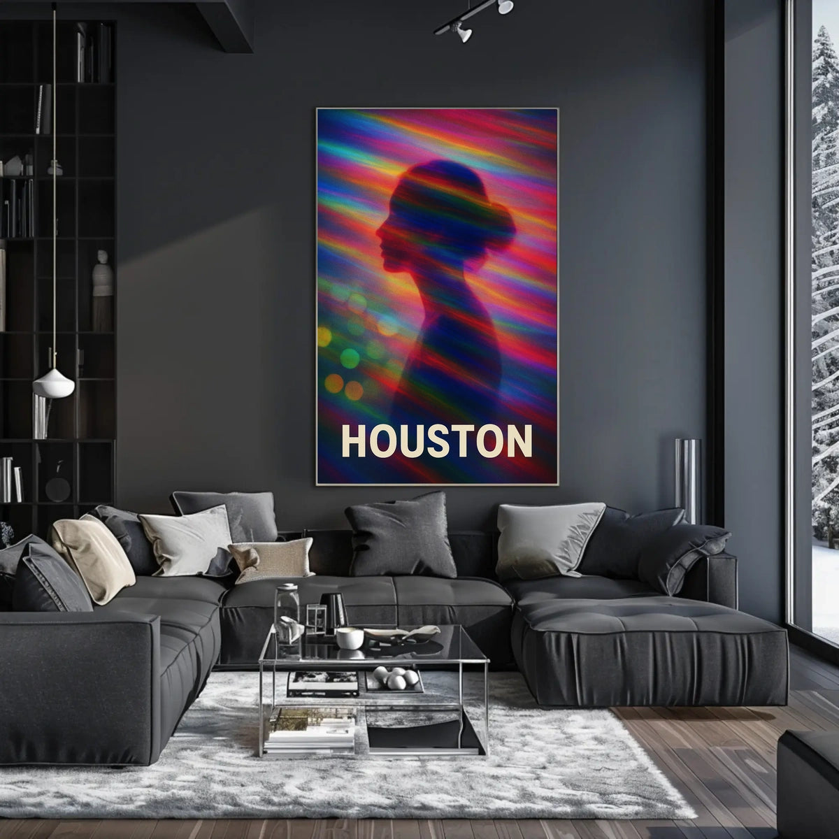 Vibrant Silhouette Houston Night City Neon Skyline Pop Art Digital Painting Urban Poster