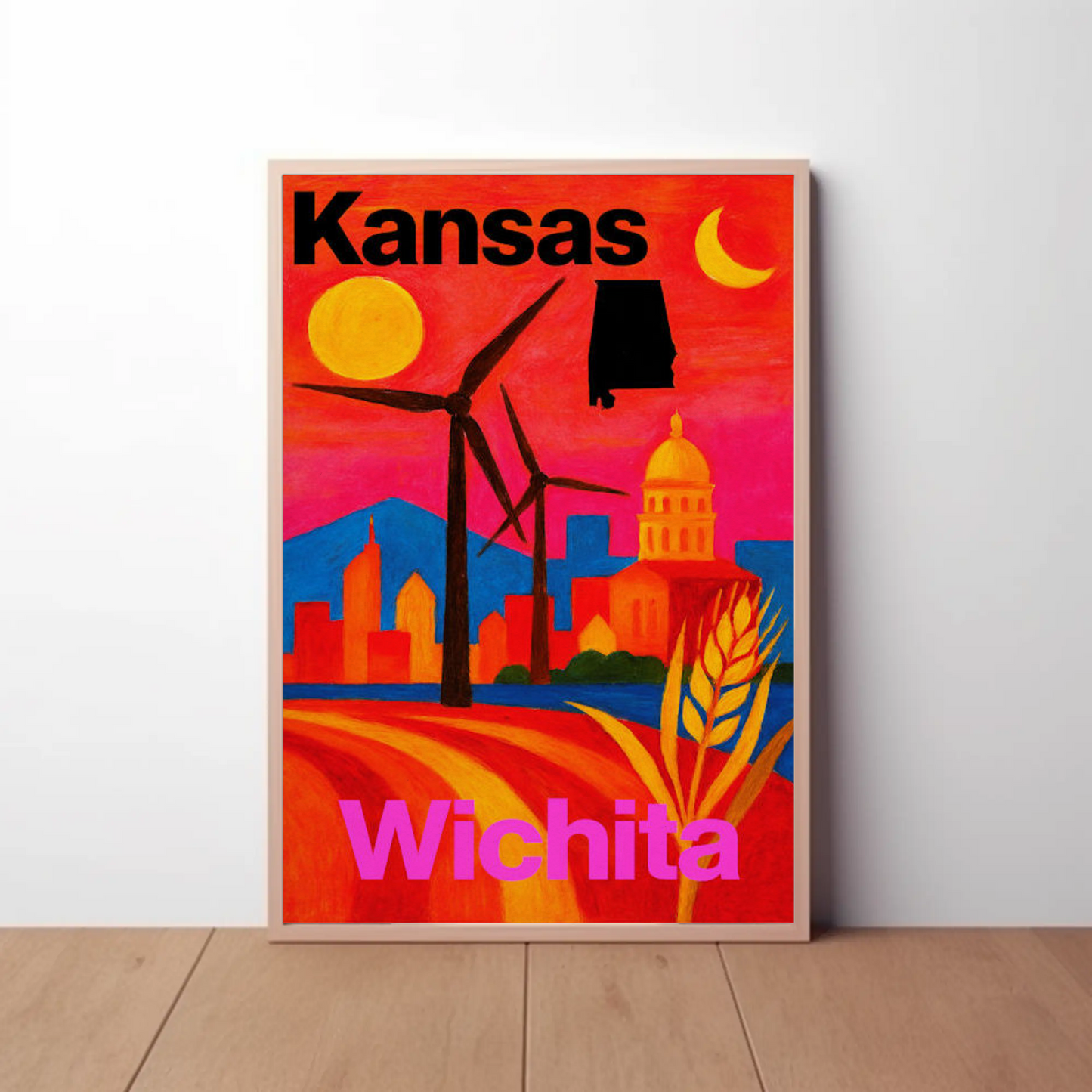 Wichita Kansas Windmills Capitol Landscape Travel Poster