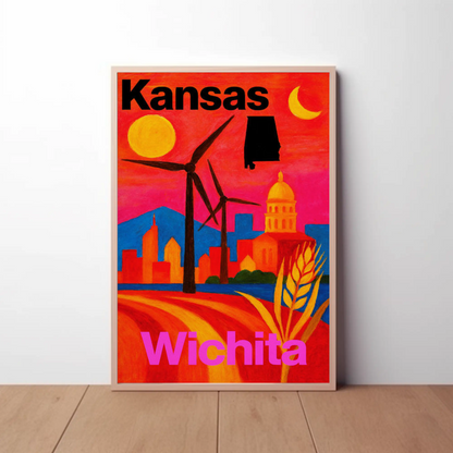 Wichita Kansas Windmills Capitol Landscape Travel Poster