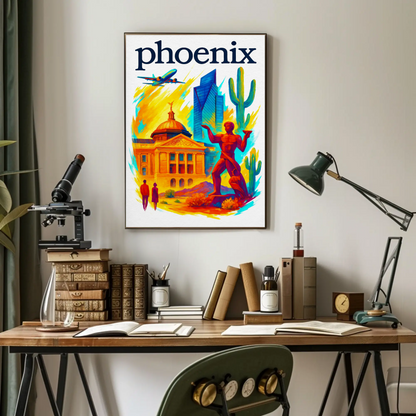Phoenix Capitol Cactus Statue Airplane Desert Vintage Travel Poster