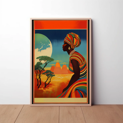 African Woman Desert Moon Landscape Travel Poster