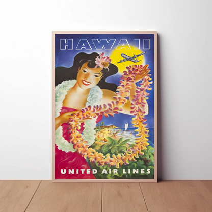 Hawaii United Airlines Lei Woman Beach Travel Poster