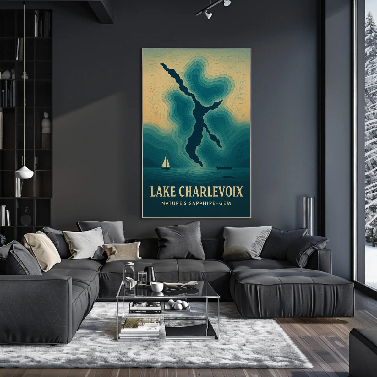 Lake Charlevoix: Sapphire-Gem Abstract Map Travel Poster