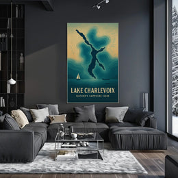 Lake Charlevoix: Sapphire-Gem Abstract Map Travel Poster