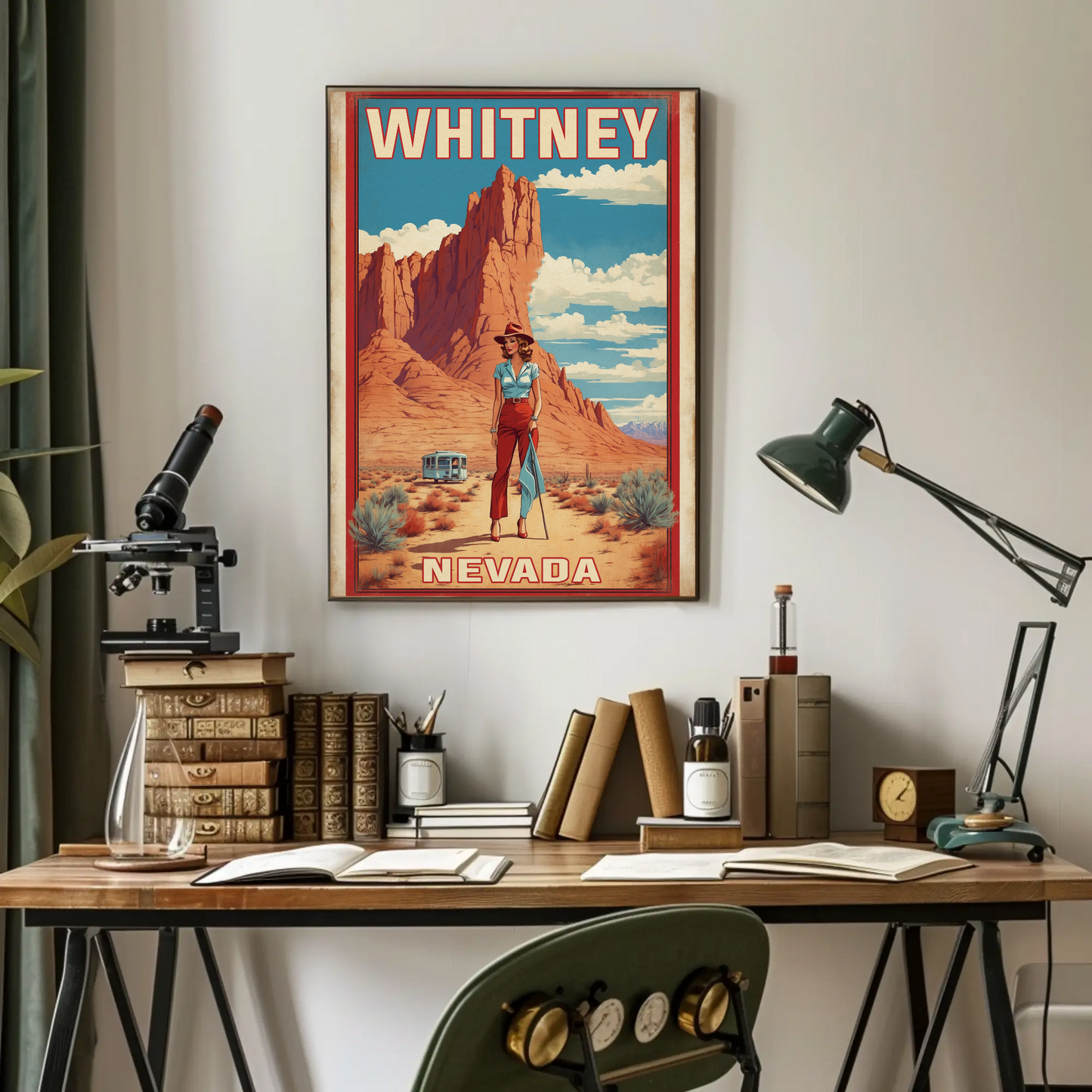 Whitney Nevada Desert Cowgirl Scene Vintage Travel Poster