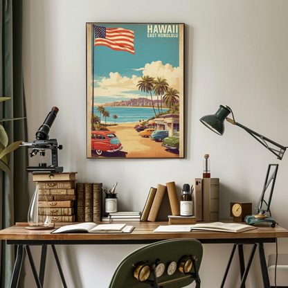 East Honolulu Hawaii Retro Beachside Vintage Travel Poster
