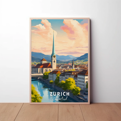 Zurich River Reflection Travel Poster