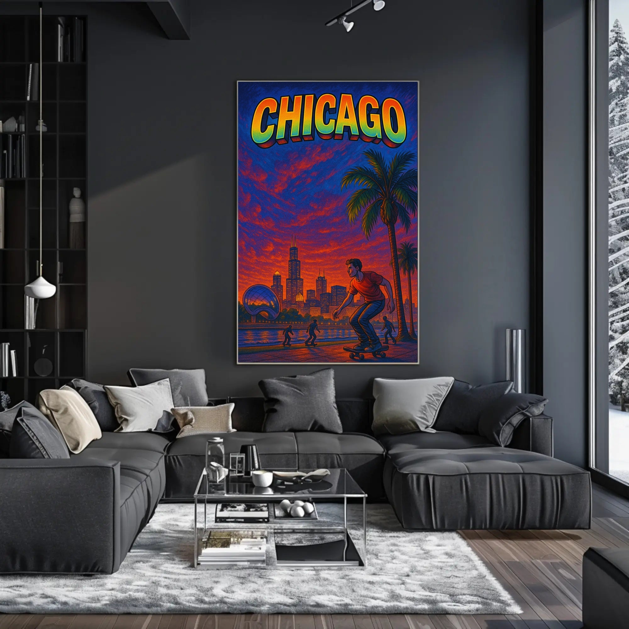 Skateboarding at Sunset in Vibrant Urban Cityscape Poster PosterGoat