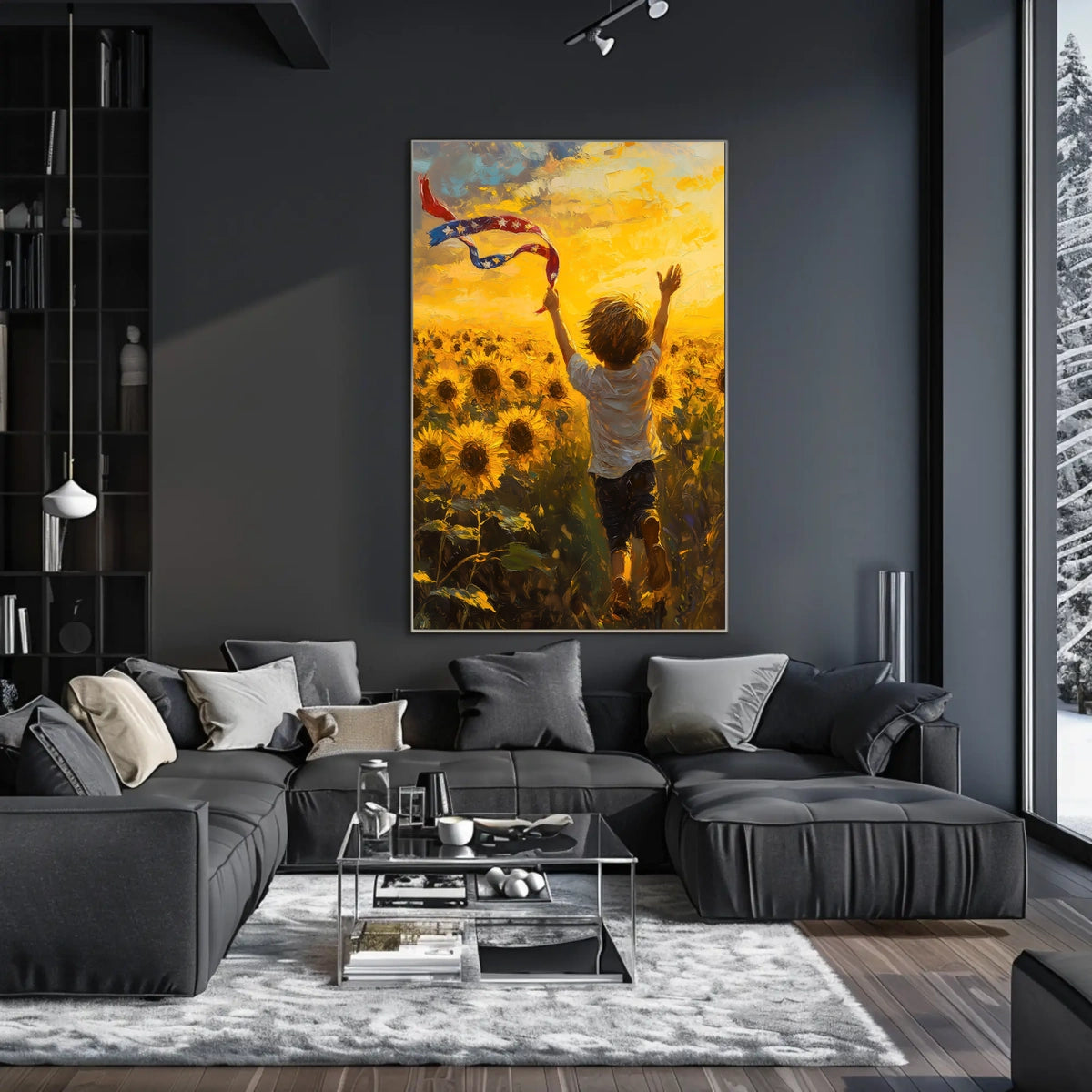 Child Running Through Sunflower Field At Golden Hour Poster