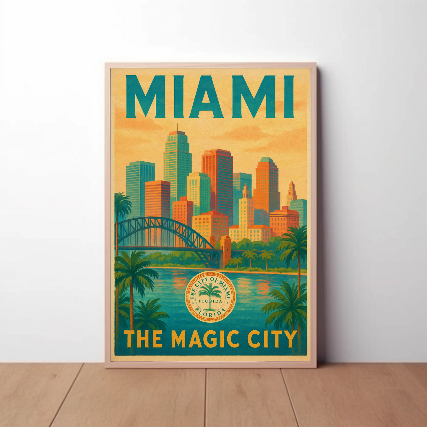 Miami Magic City Vintage Skyline Travel Poster