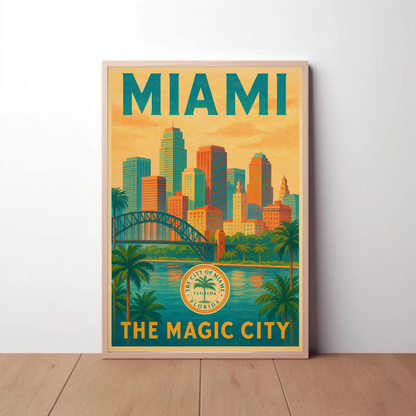 Miami Magic City Vintage Skyline Travel Poster