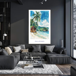 Tropical Beach Serenity: Vibrant Watercolor Travel Poster PosterGoat