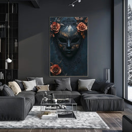 The poster features a stylized ornate mask in a dark and moody setting. Travel Poster