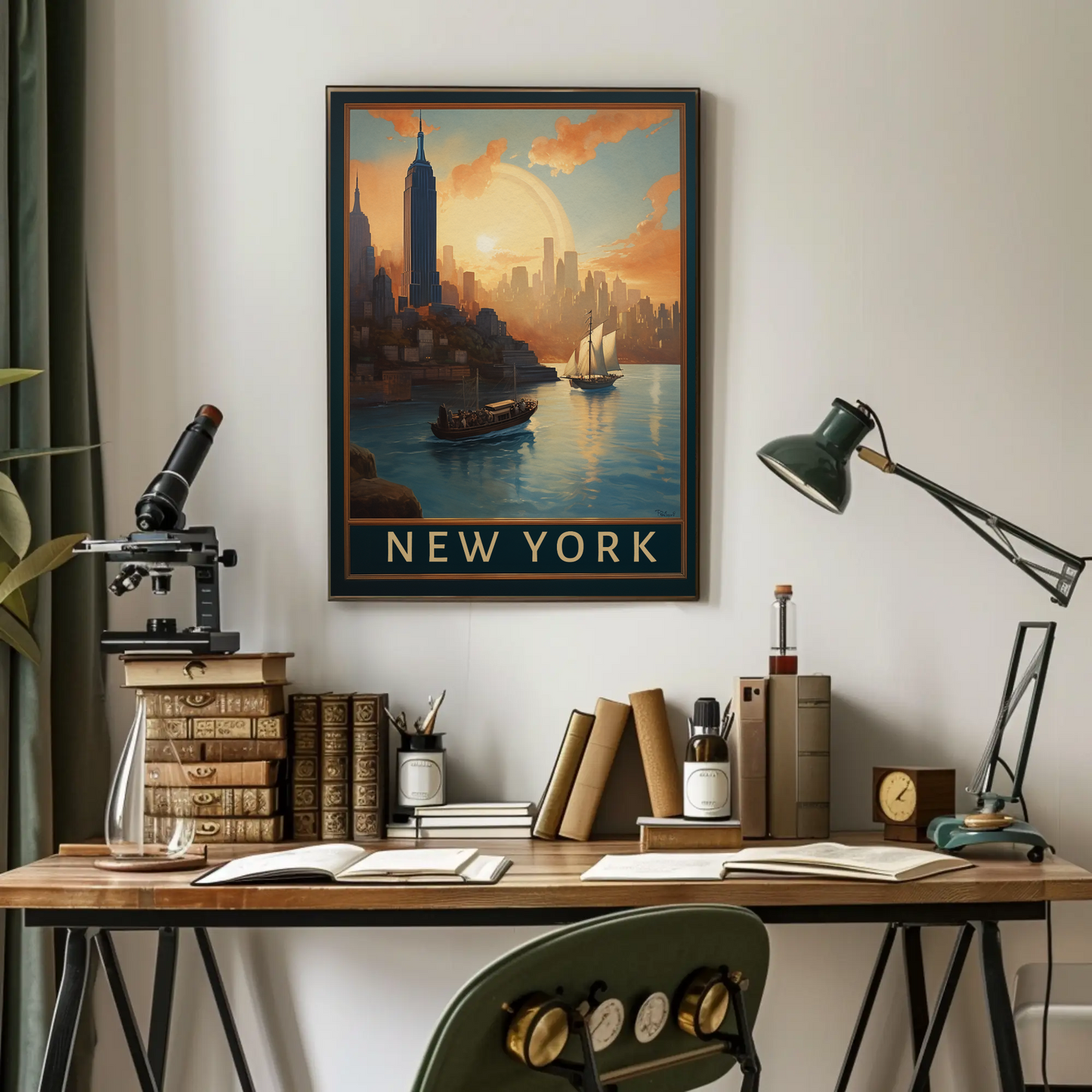 New York Harbor Sunset Vintage Travel Poster