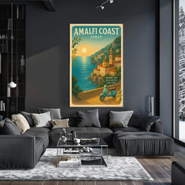 Amalfi Coast Vintage Travel Poster, Sunset Scene