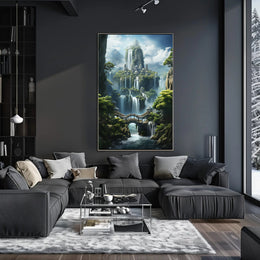 Mythical City in Enchanting Mountains Futuristic Sci-Fi Poster
