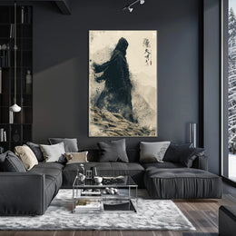 Mystical Hooded Figure in Rugged Landscape Artistic Poster PosterGoat