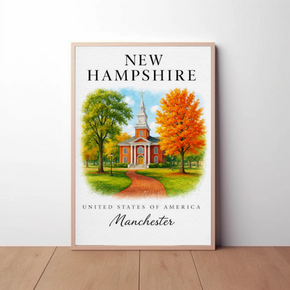 Manchester New Hampshire Historic Brick Church Autumn Travel Poster Travel Poster